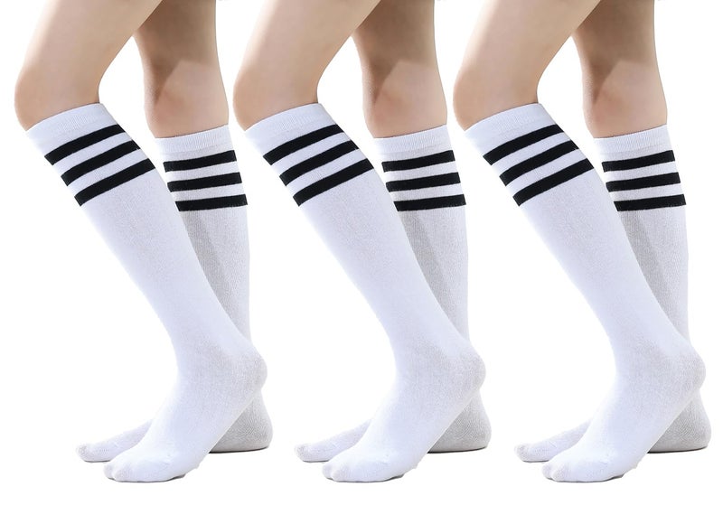 TOCONFFON Knee High Tube Socks for Boys Girls Teens, Kids Soccer School Cotton Uniform Sports Socks 3,4 Pairs(Black Strips 3 Pairs,8-12) - Image 1